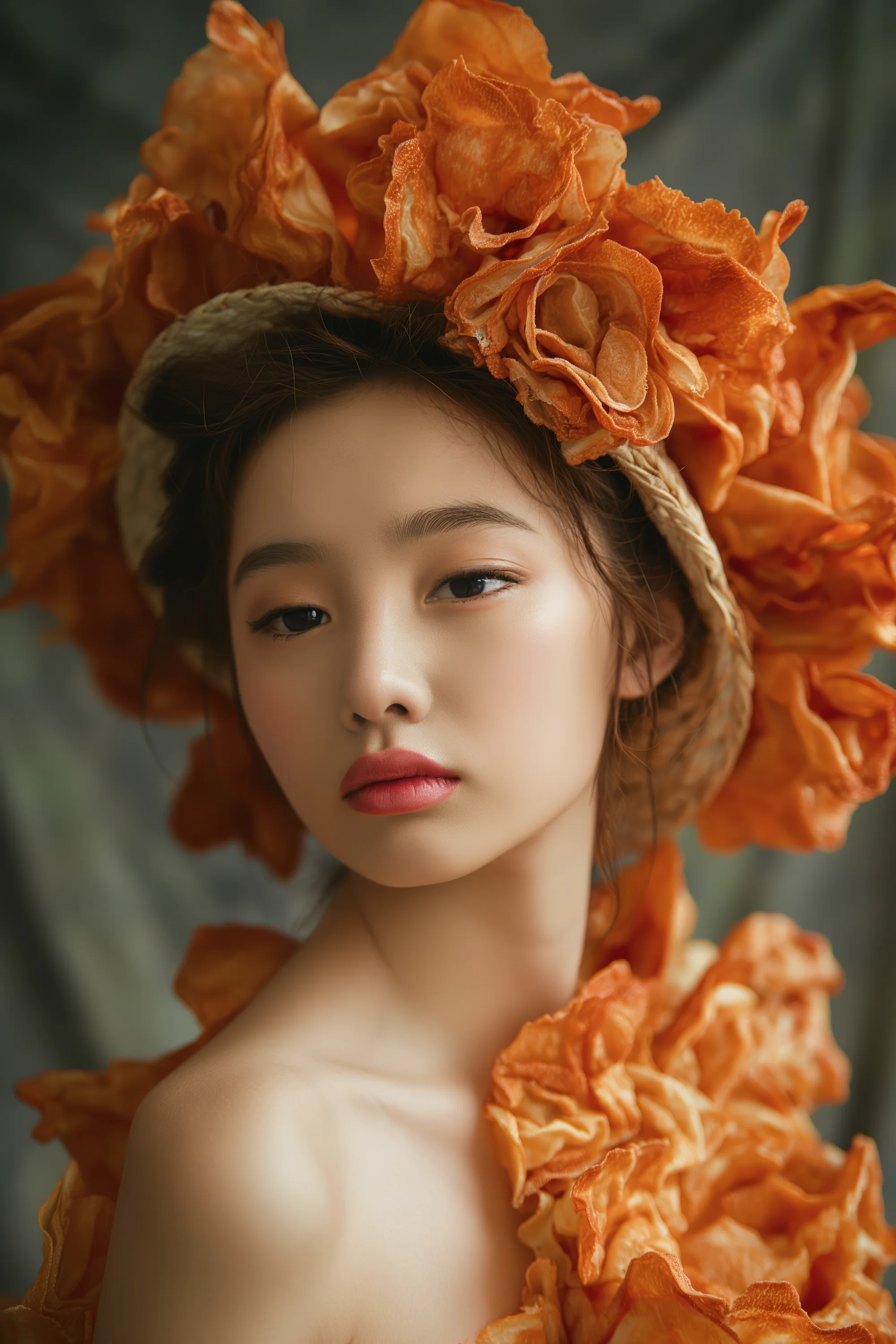 A model crowned in sculptural terracotta petals