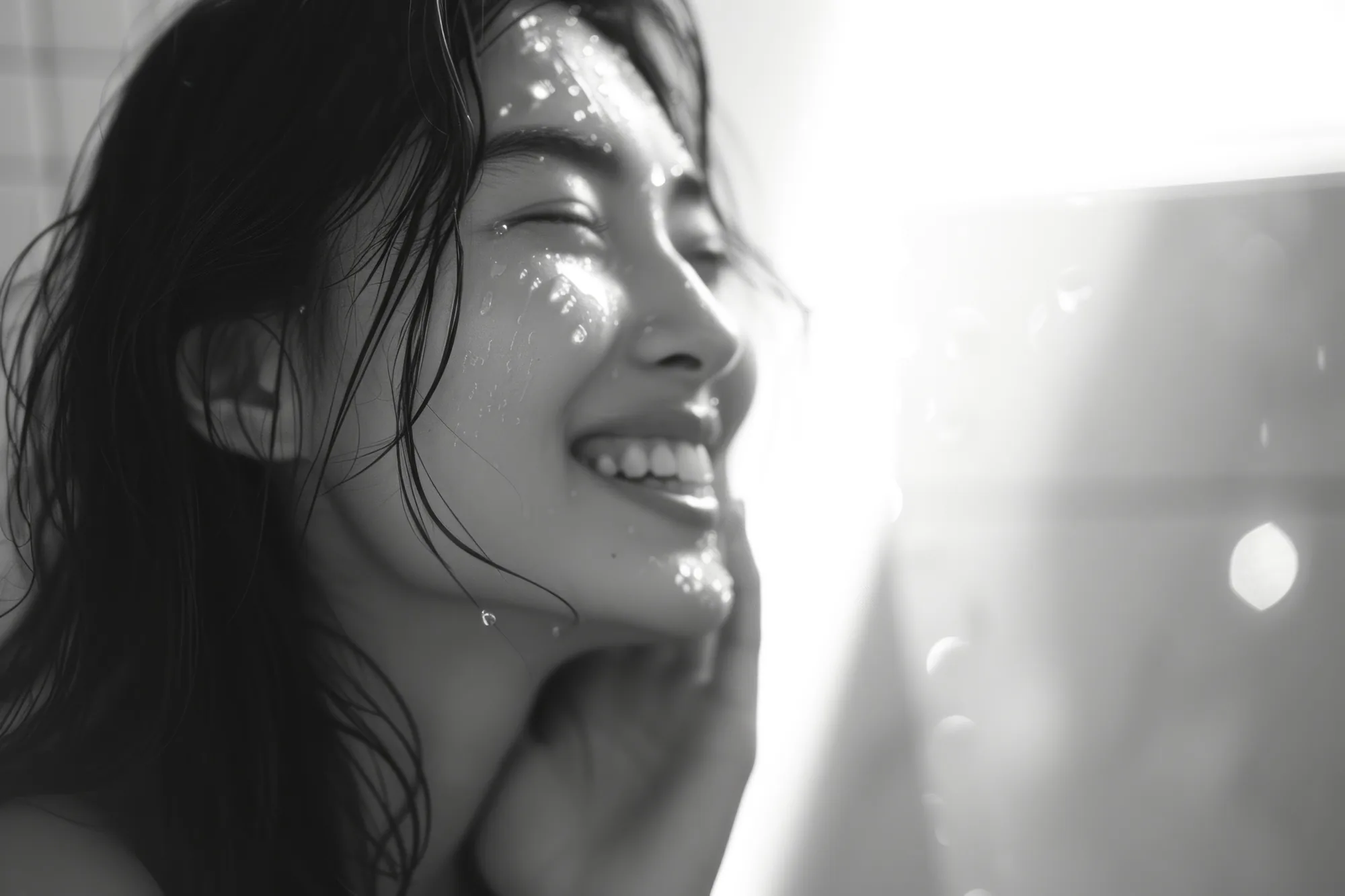 A woman smiling with water on her skin in morning light